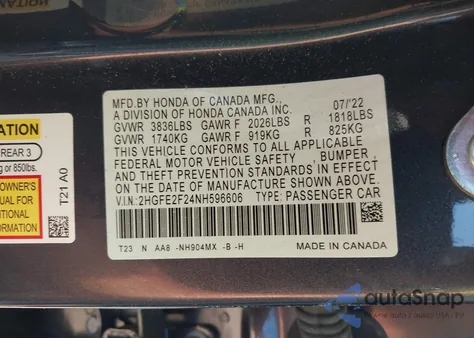 2022 Honda Civic Lx из США, поврежденный, VIN 2HGFE2F24NH596606